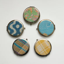 Load image into Gallery viewer, Fabric Covered Bronze Round Pocket Compact Mirror